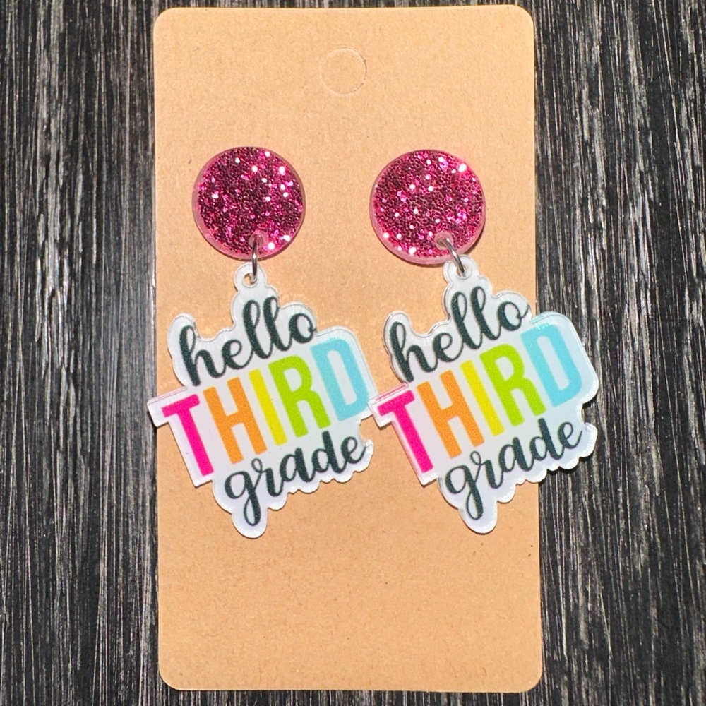 New hello third grade glitter earrings